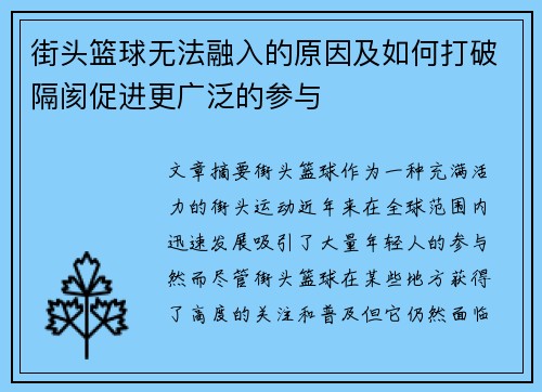 街头篮球无法融入的原因及如何打破隔阂促进更广泛的参与